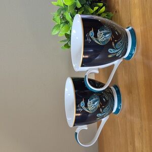 THE ENGLISH MUG CO. Retro Peacock Motif Fine China, Set of 2 Mugs